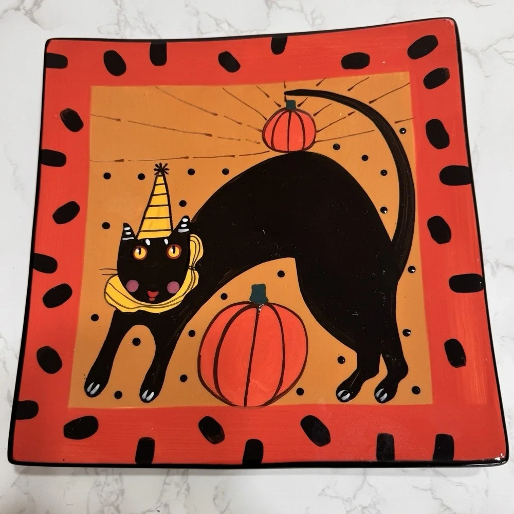 Sharon Bloom Handpainted Halloween Black Cat Ceramic Plate Hanger Wall Art 9.5